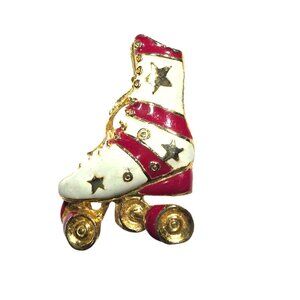 Roller Skate Pin Brooch Vtg Gold-Tone Enamel Red White Star whimsy retro jewelry